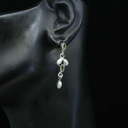 Vtg STERLING SILVER earrings with pearl N Peridot dangles stamped 925