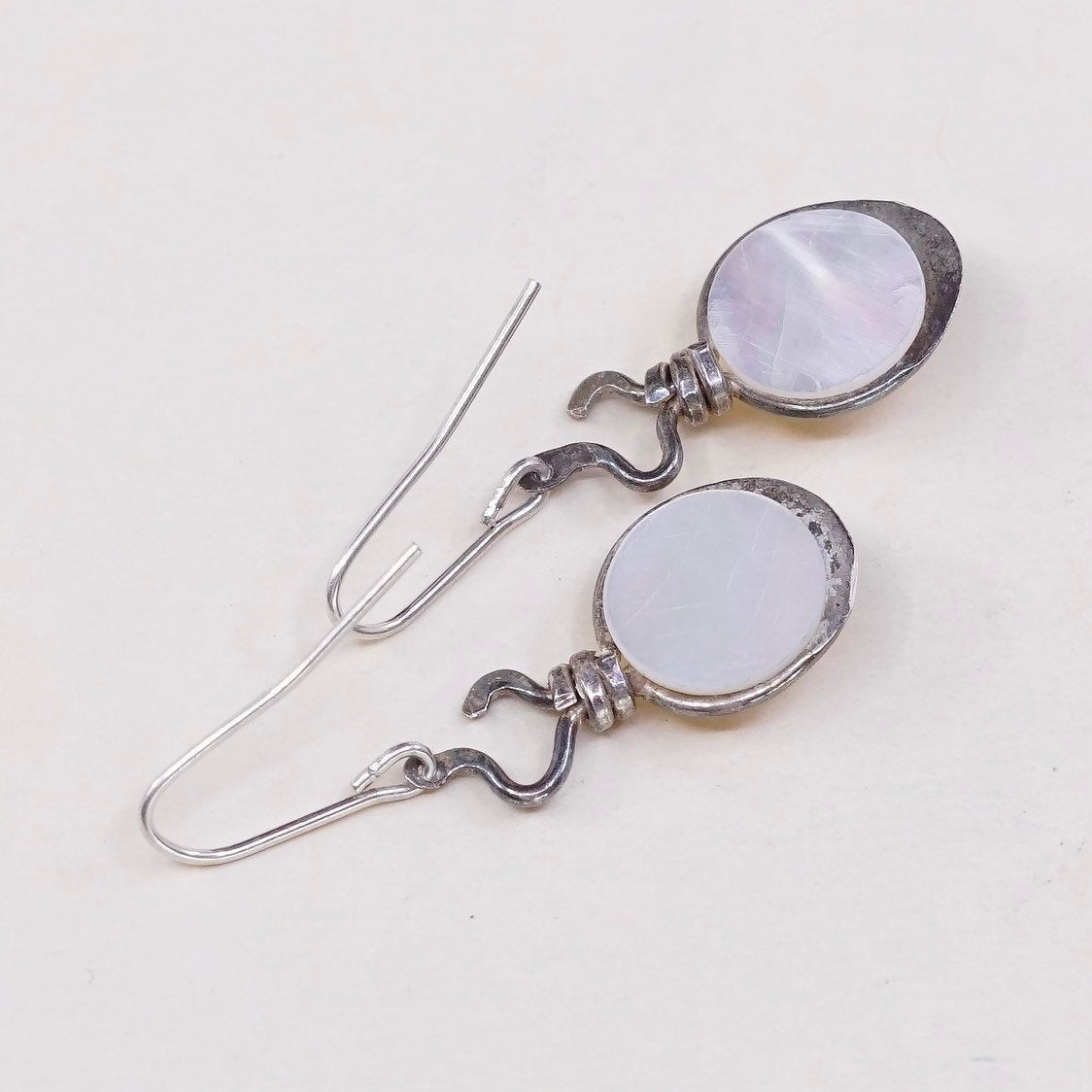 vtg sterling silver handmade earrings, mother of pearl round drops w/ 925 hooks