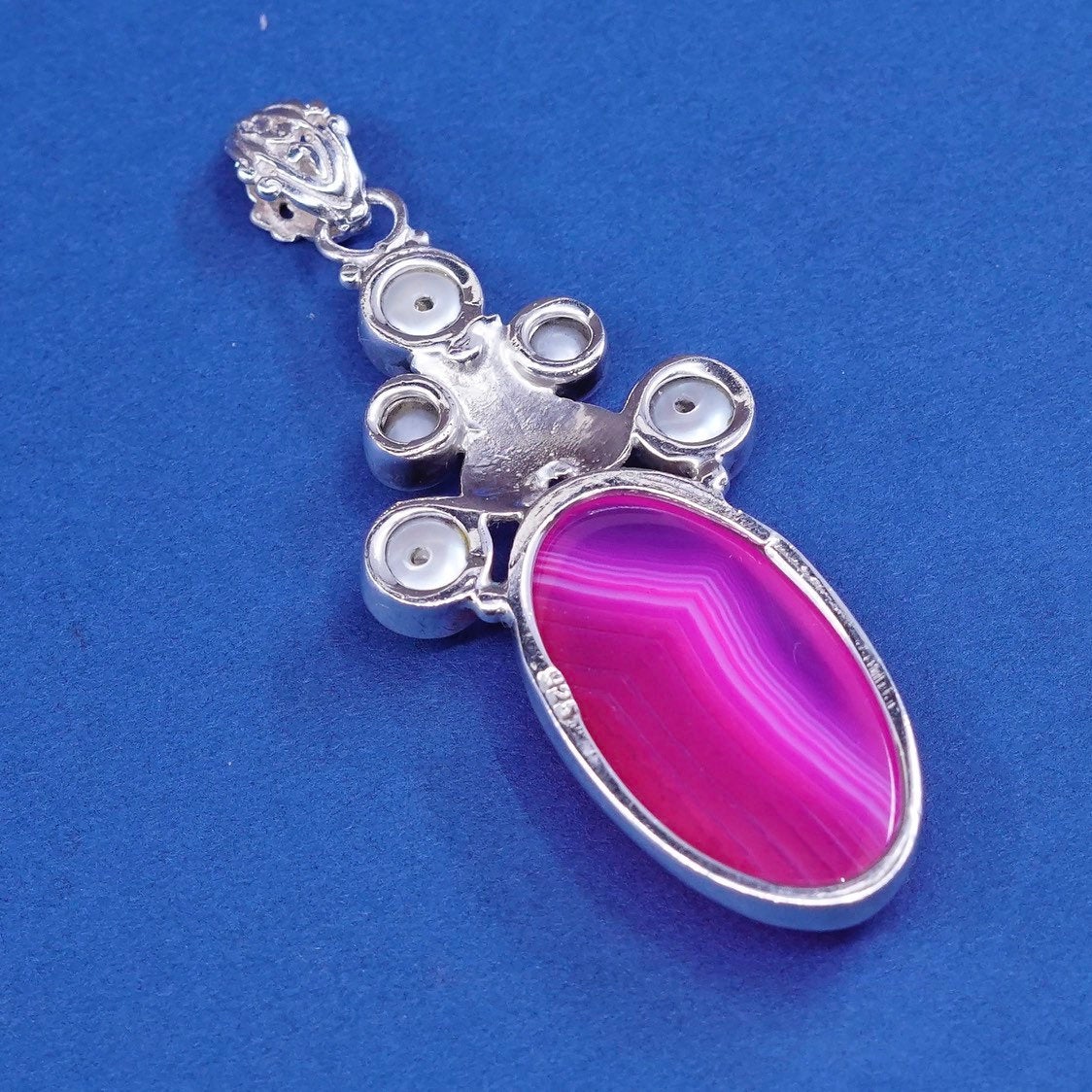 vtg sterling silver handmade pendant, 925 w/ pink lace agate N pearl