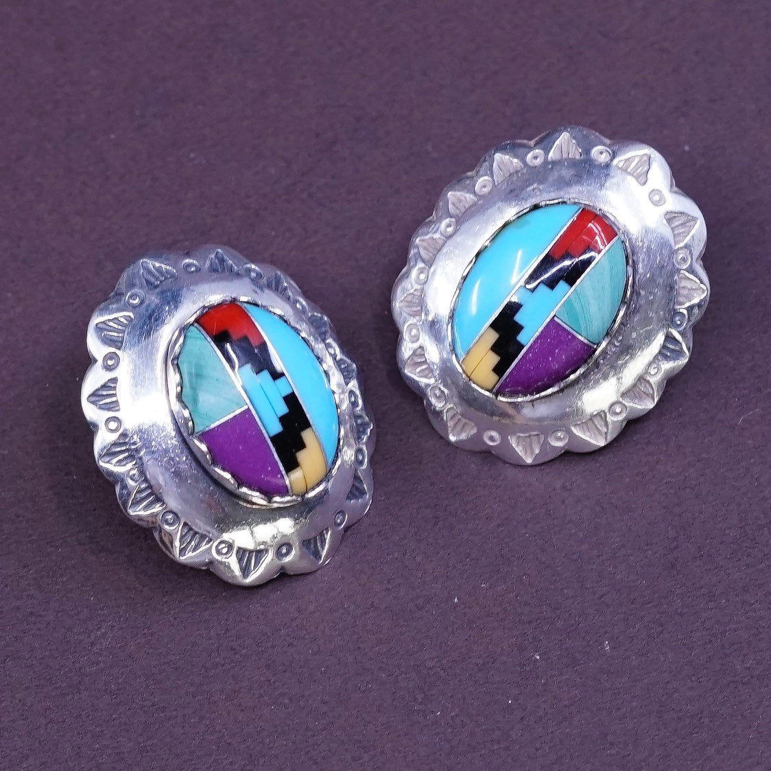 Zuni Native American Sterling silver handmade earrings, 925 w/ turquoise studs