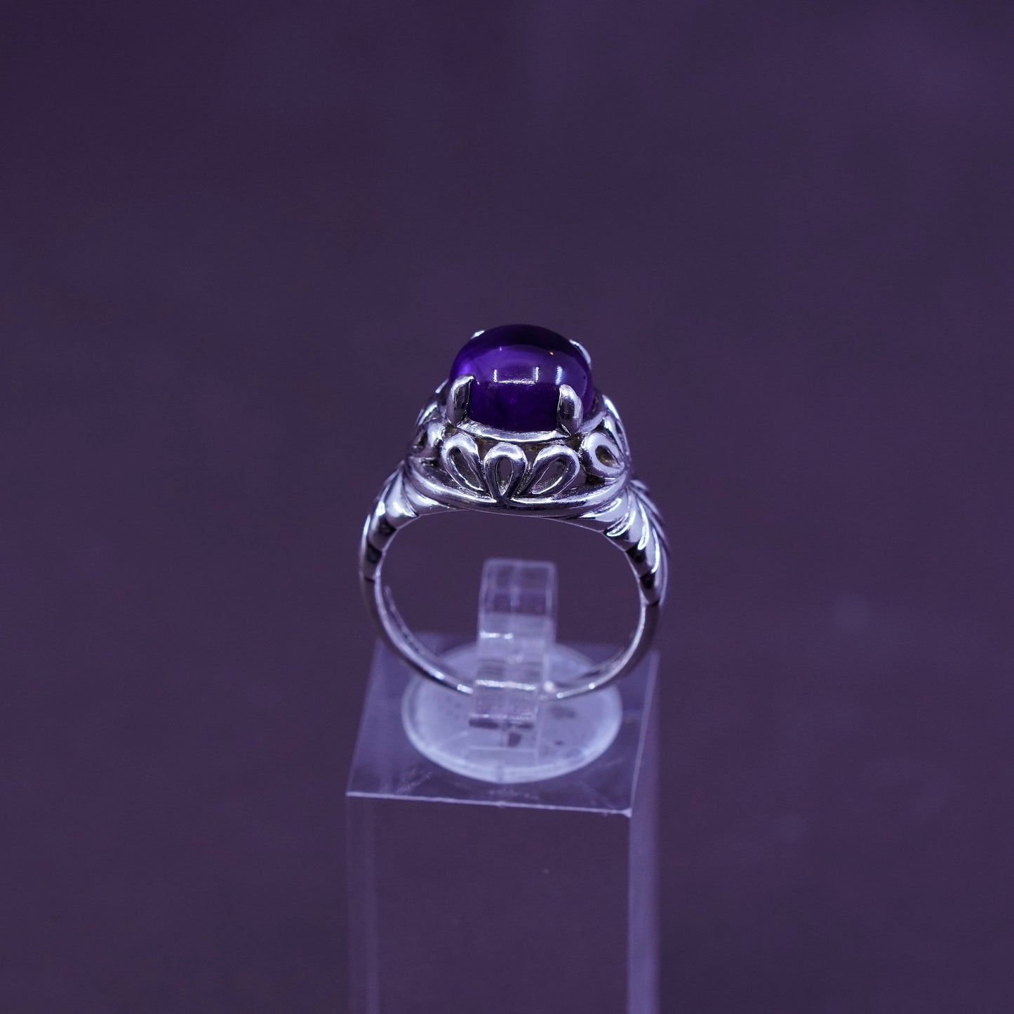 Size 8.25, vintage SLC filigree Sterling 925 silver handmade ring with amethyst