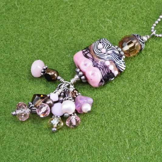 16+2”, sterling silver necklace, 925 bead chain with pink foiled glass Pendant