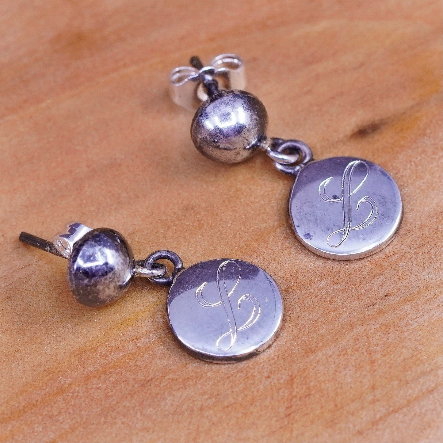 Vintage Sterling silver handmade earrings, 925 disc drops engraved “L”