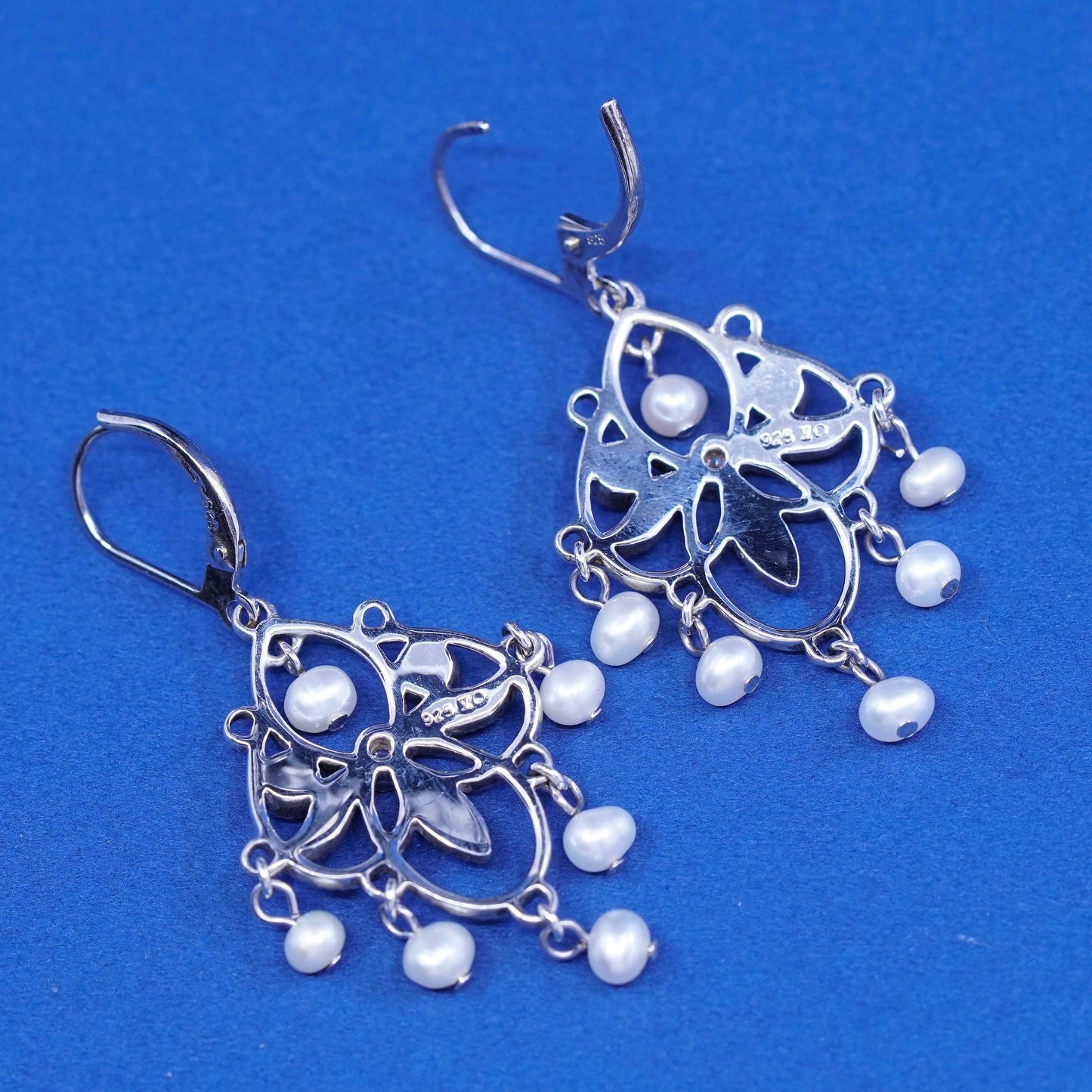 vtg sterling silver handmade earrings, 925 studs w/ marcasite and cluster pearl