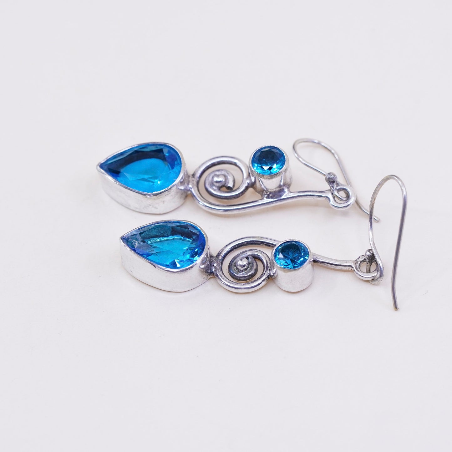 Vintage sterling silver handmade earrings, 925 with teardrop blue topaz drops