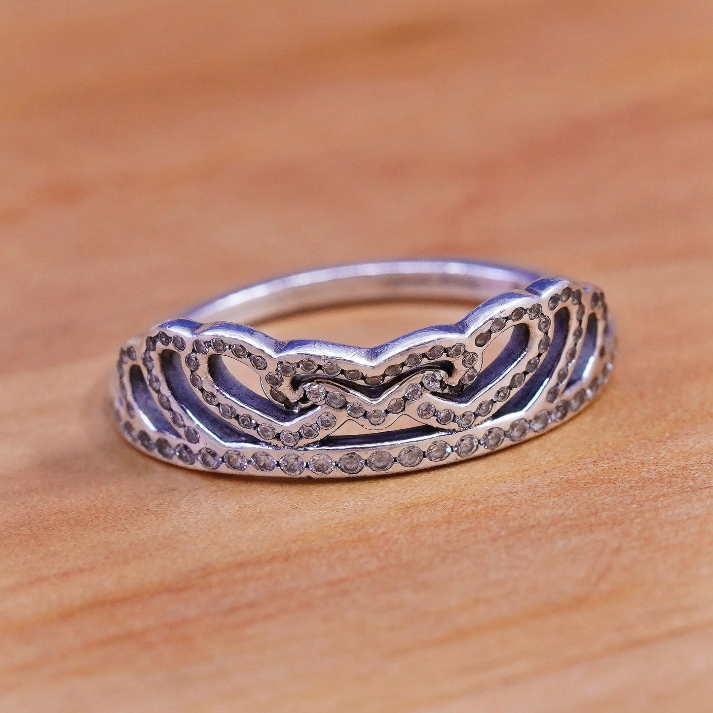 sz 8.5, Vintage ALE Pandora sterling silver engagement ring, crystal heart 925