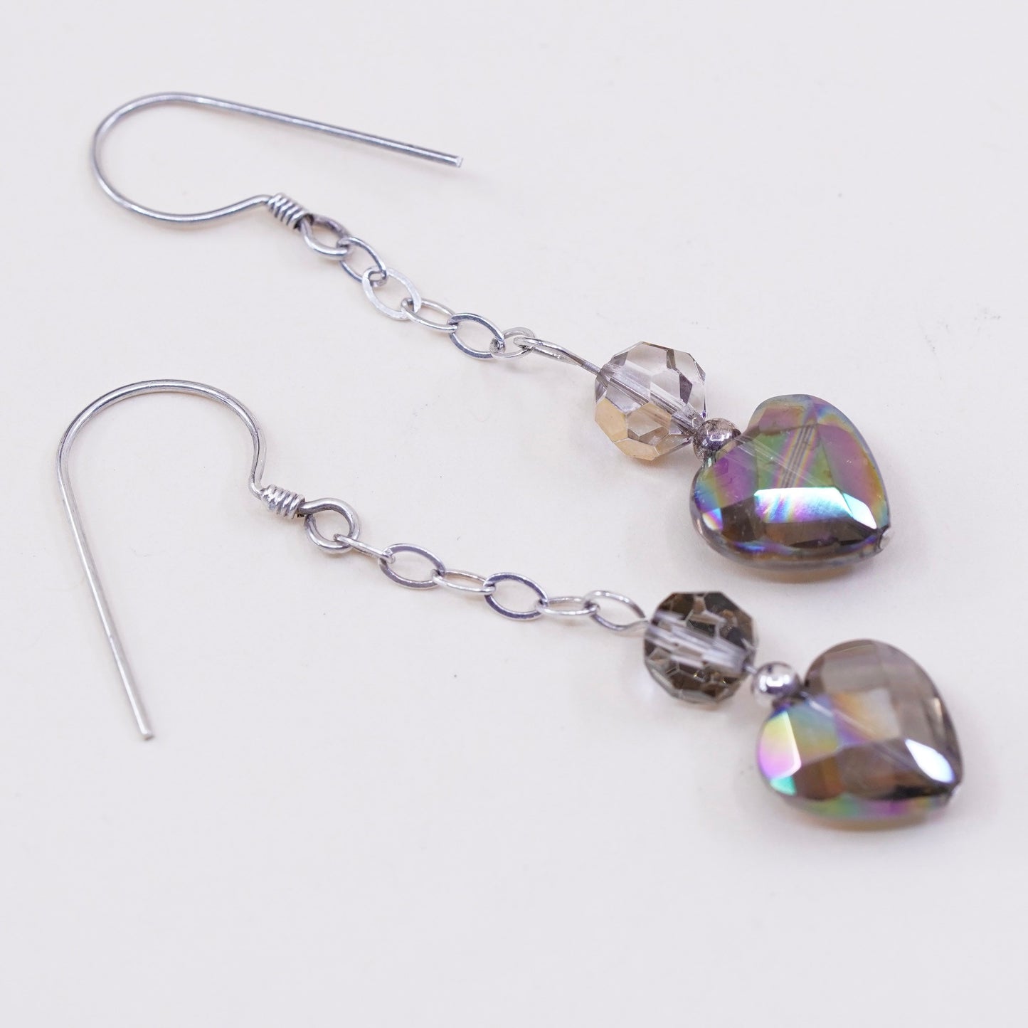 Vintage sterling 925 silver handmade earrings with heart crystal drops