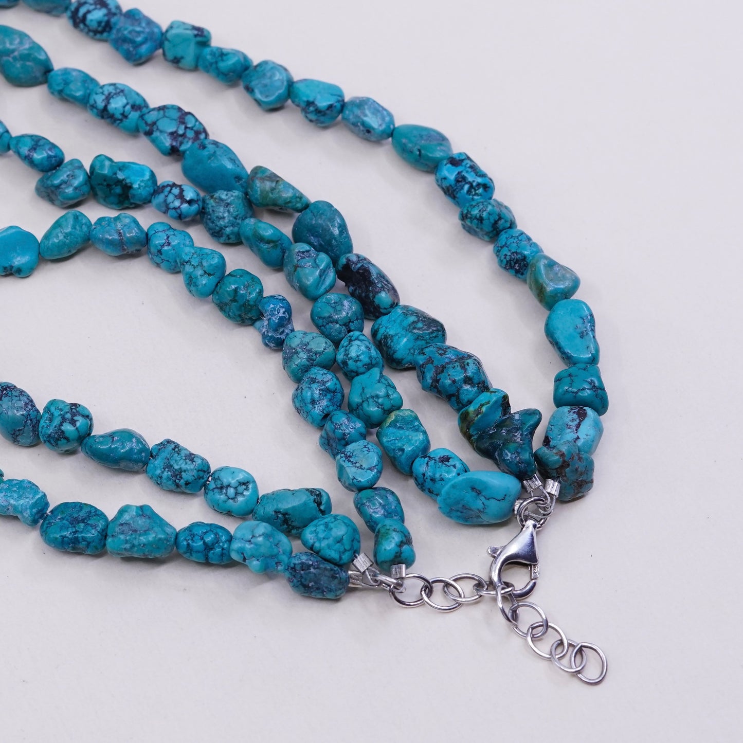 14+2”, turquoise beads necklace, sterling silver 925 w/ spiderwebbed turquoise