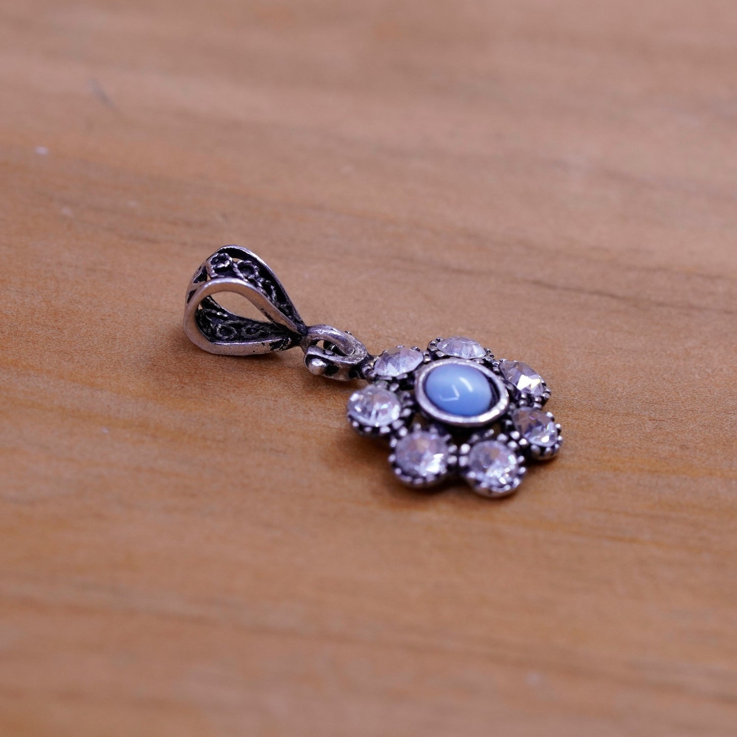 Vintage Sterling silver handmade pendant, Mexico 925 flower blue cat eye and cz