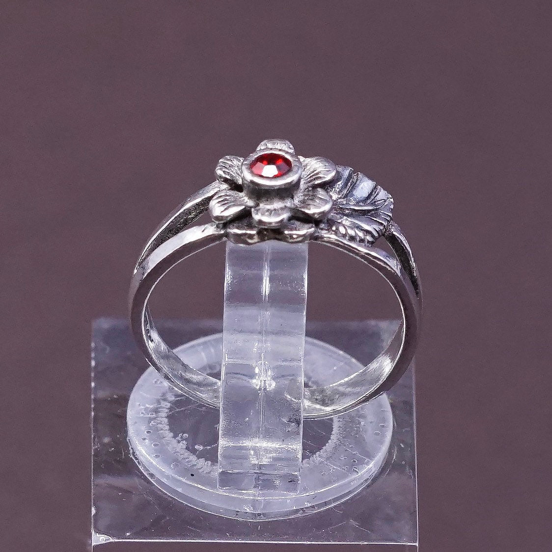 sz 4.25, vtg Sterling silver handmade ring, 925 flower and leaves w/ cz
