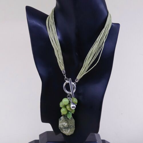 14”, Linen chain necklace W Cluster Jade Pendant N Sterling 925 Silver Toggle