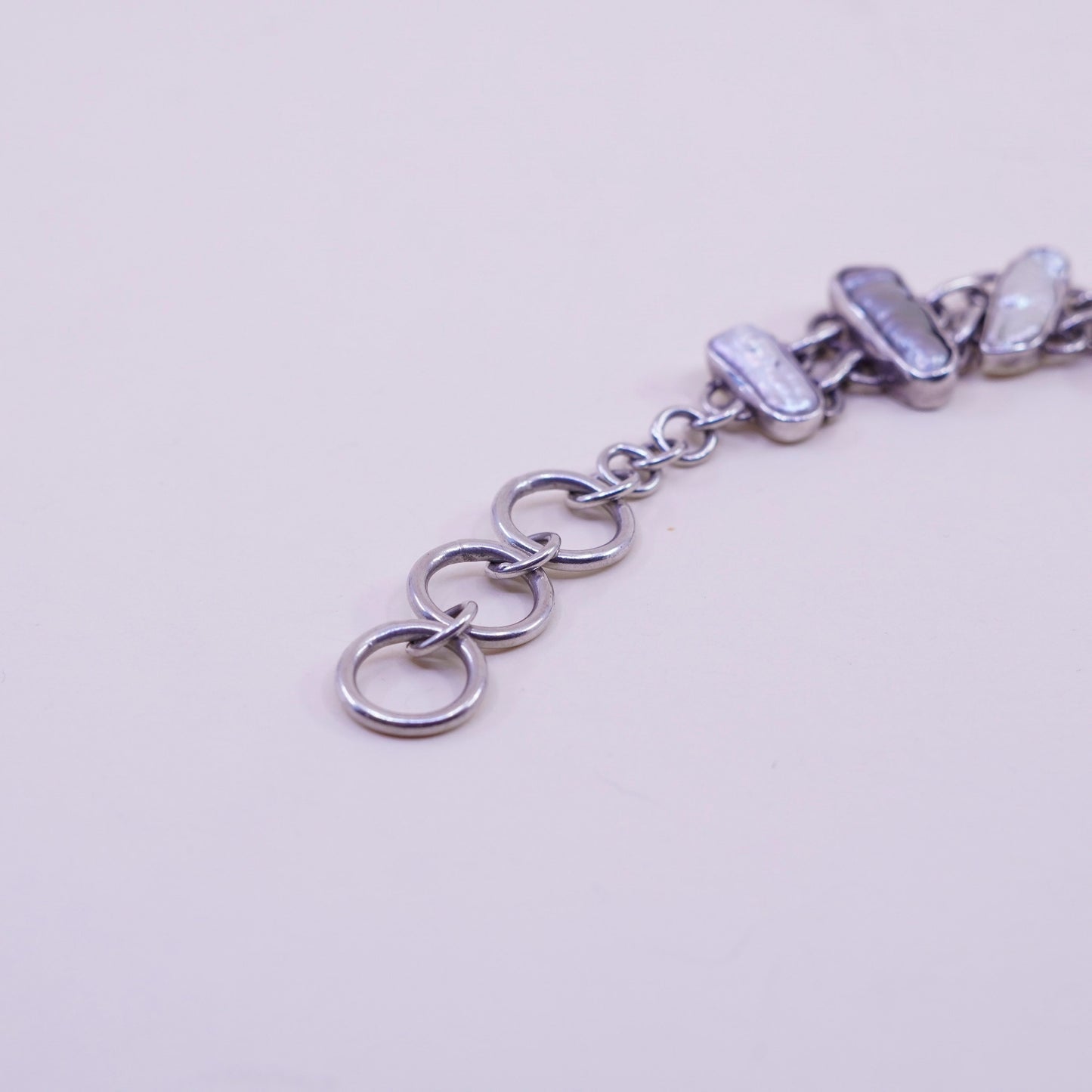 6.5+1”, handmade Sterling 925 silver bracelet with long pearl toggle closure