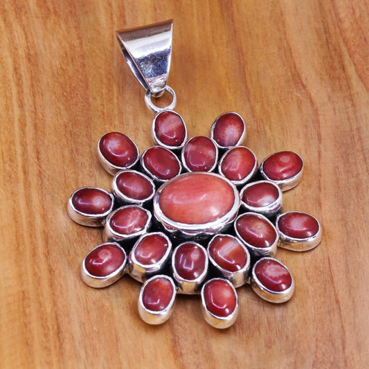 Vintage sajen Sterling 925 silver handmade sun flower pendant with coral