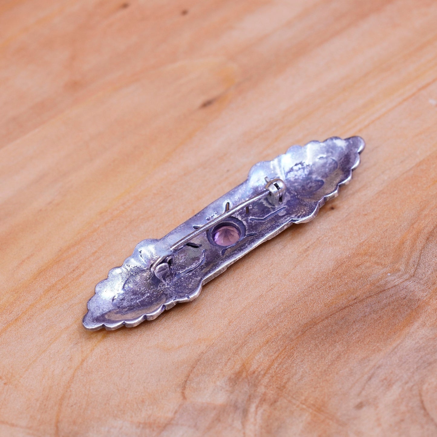 Vintage handmade sterling 925 silver long brooch with marcasite and amethyst