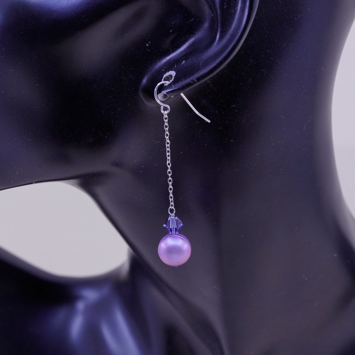 Vintage Sterling silver handmade earrings, 925 chain with purple pearl drops