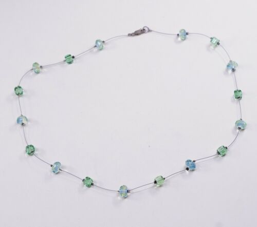 18”, Vtg Sterling handmade necklace, 925 Silver Clasp W/ Green Crystal Beads