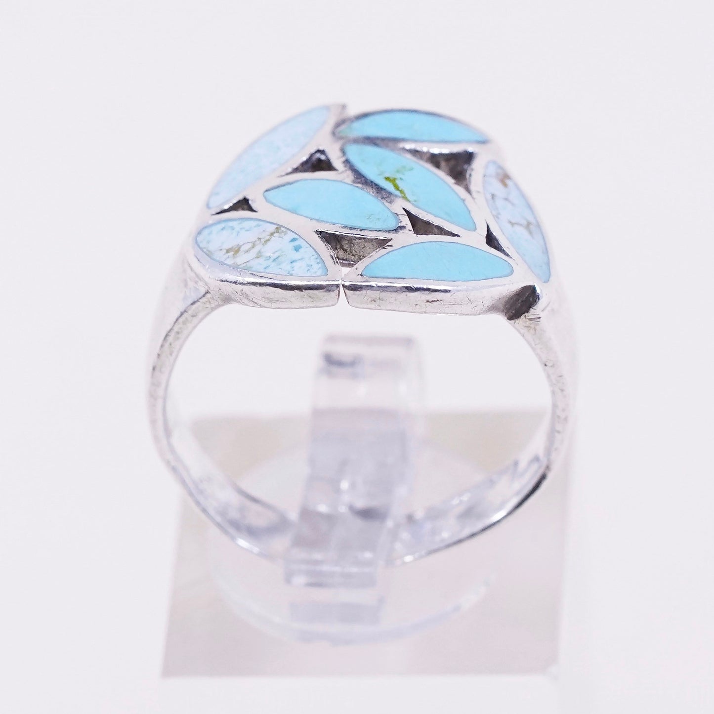 sz 8.5, vtg sterling 925 silver handmade ring with turquoise leaf, southwestern