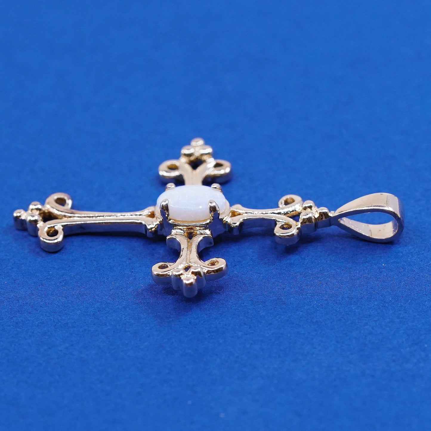 vtg vermeil gold Sterling silver handmade pendant, 925 cross w/ opal