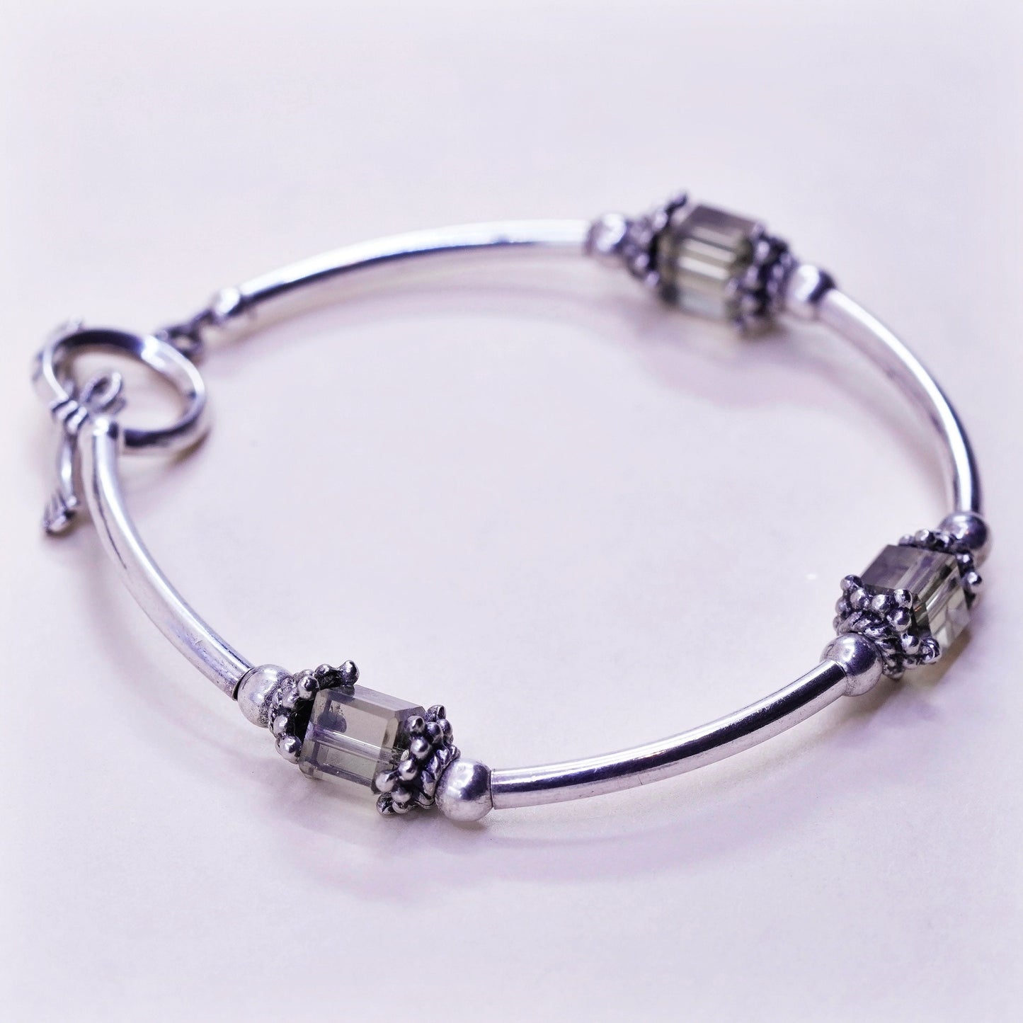 6.5”, vintage Sterling silver handmade bracelet, 925 bar smoky crystal beads