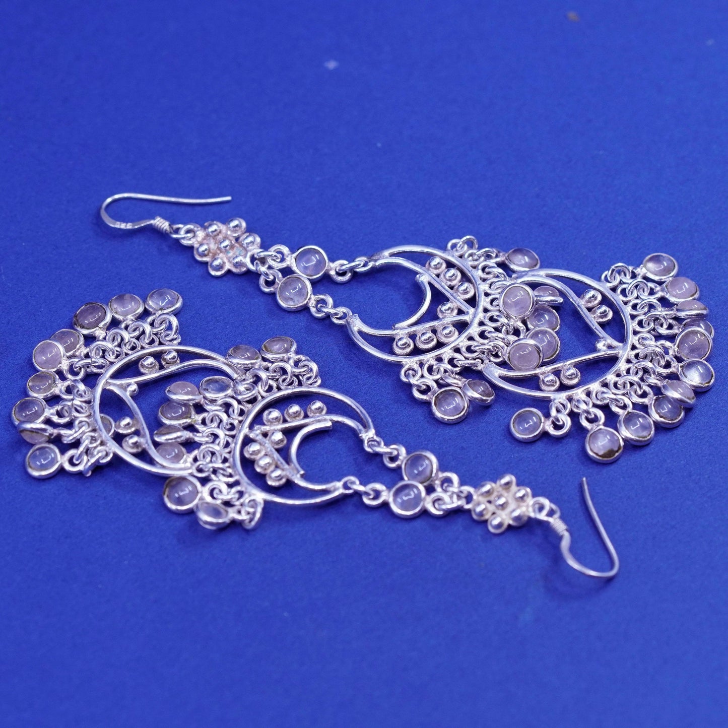 Sterling 925 silver handmade long filigree bead earrings pink quartz cluster