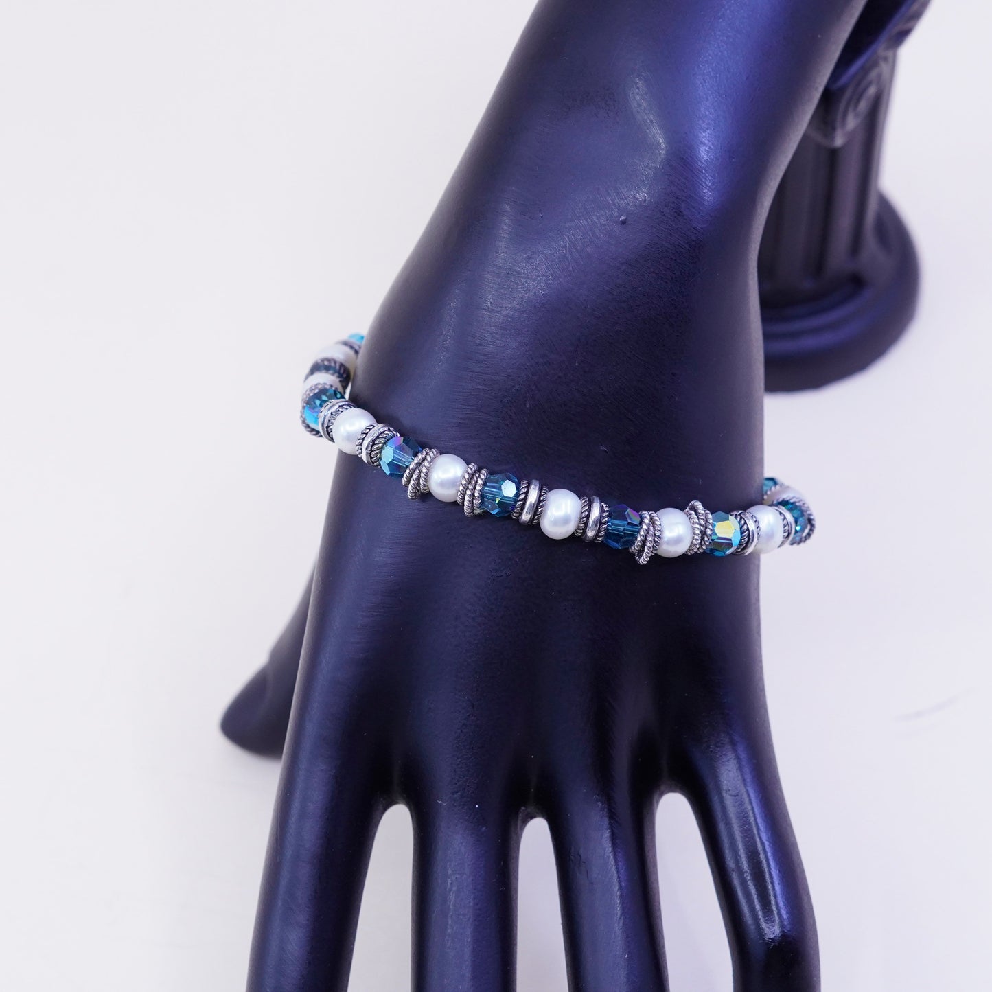 7”, Sterling 925 silver bracelet, pearl blue crystal and breast cancer ribbon