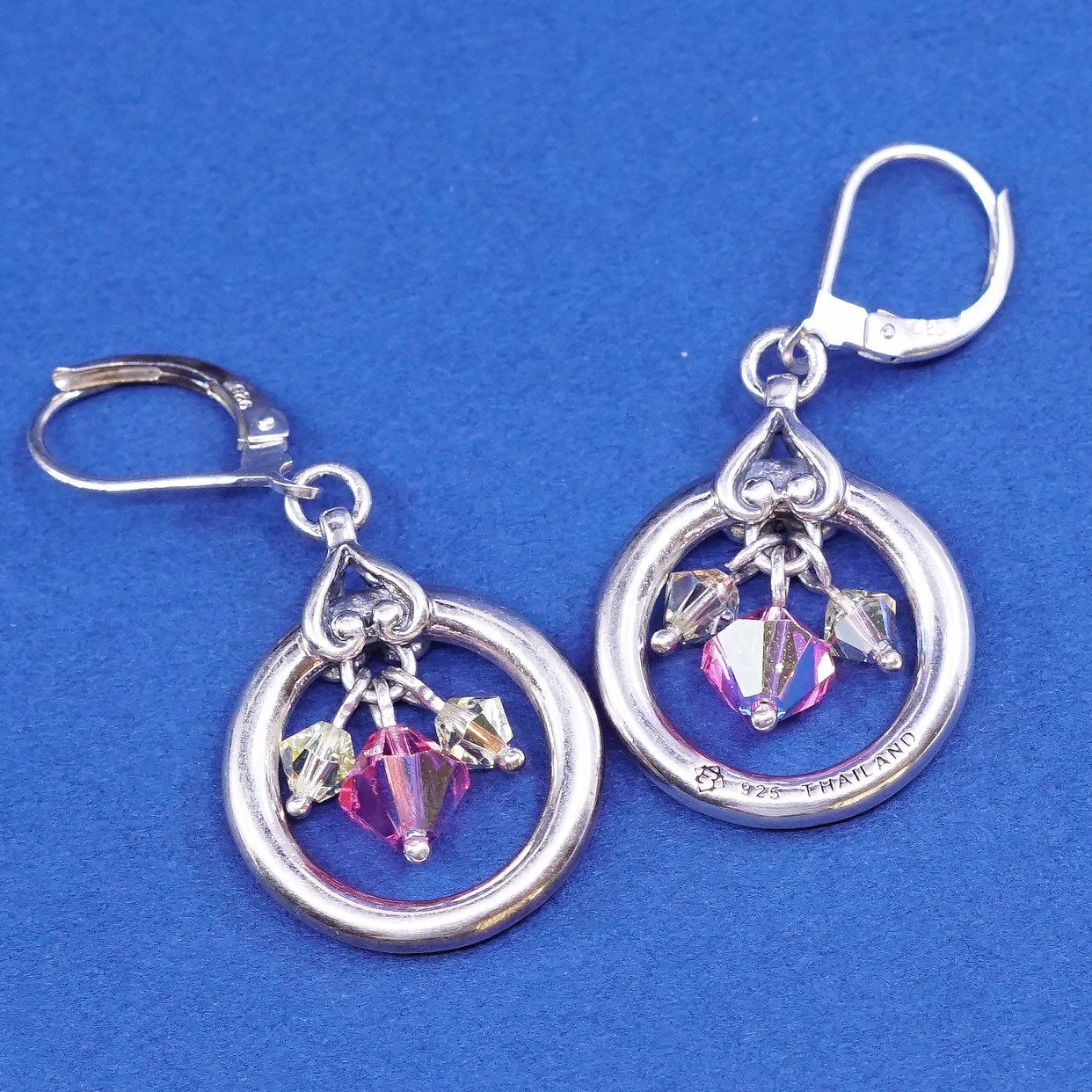 vtg Sterling silver handmade earrings, 925 circle drops w/ pink crystal beads