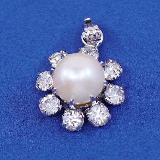 vtg Sterling silver handmade pendant, 925 with Pearl and cz around