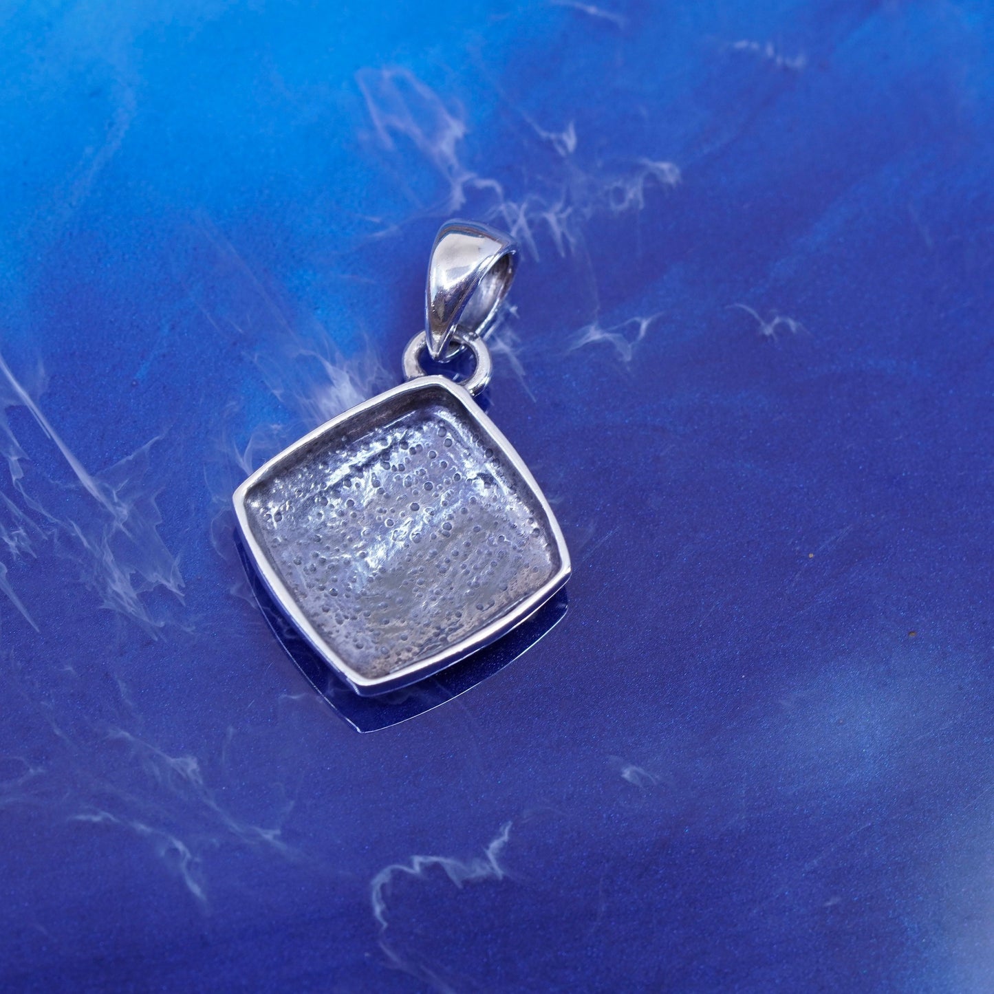 Vintage sterling 925 silver handmade pendant, modern swirl square charm