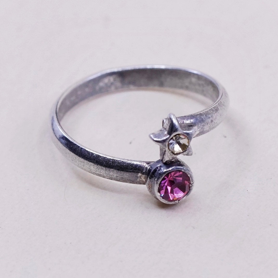 Size 4, vtg sterling 925 silver handmade wrap ring with pink crystal and star