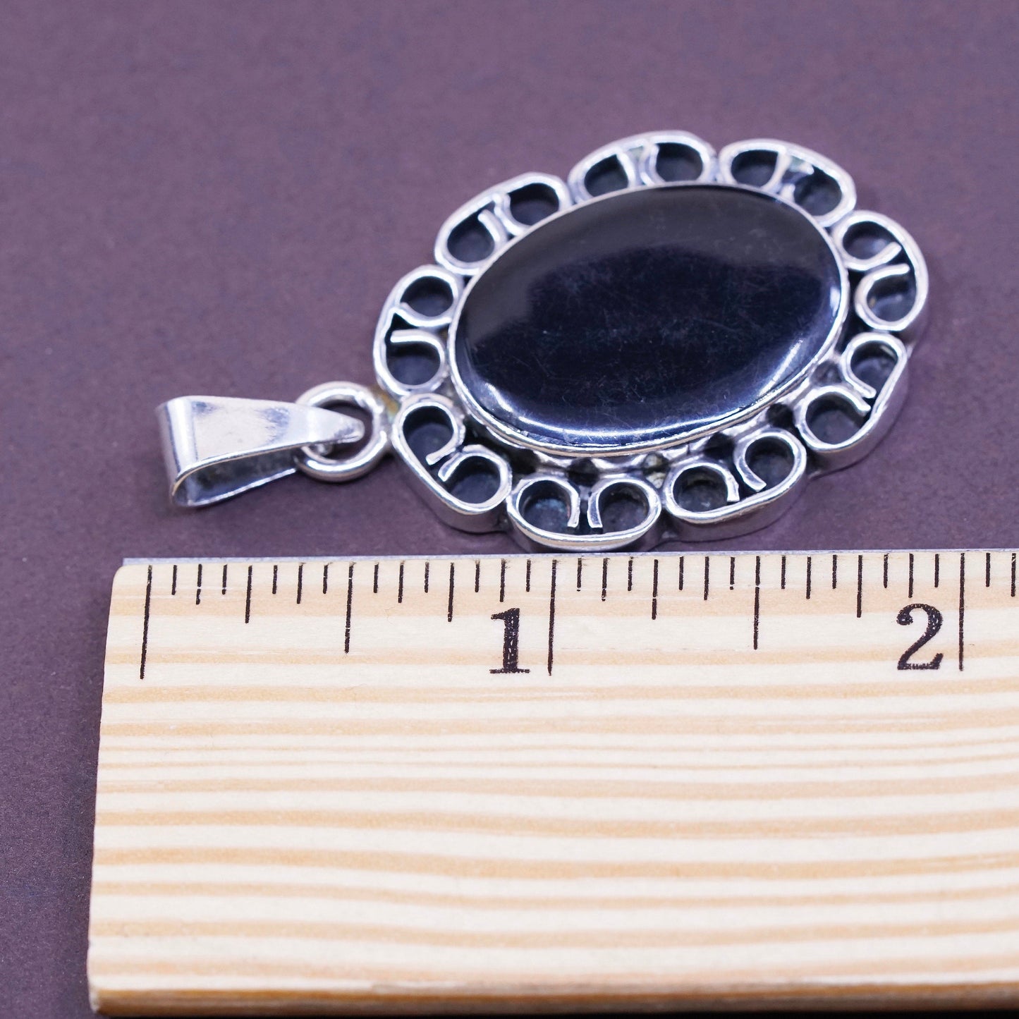 vtg Sterling silver handmade pendant, Mexico 925 w/ oval obsidian, black onyx