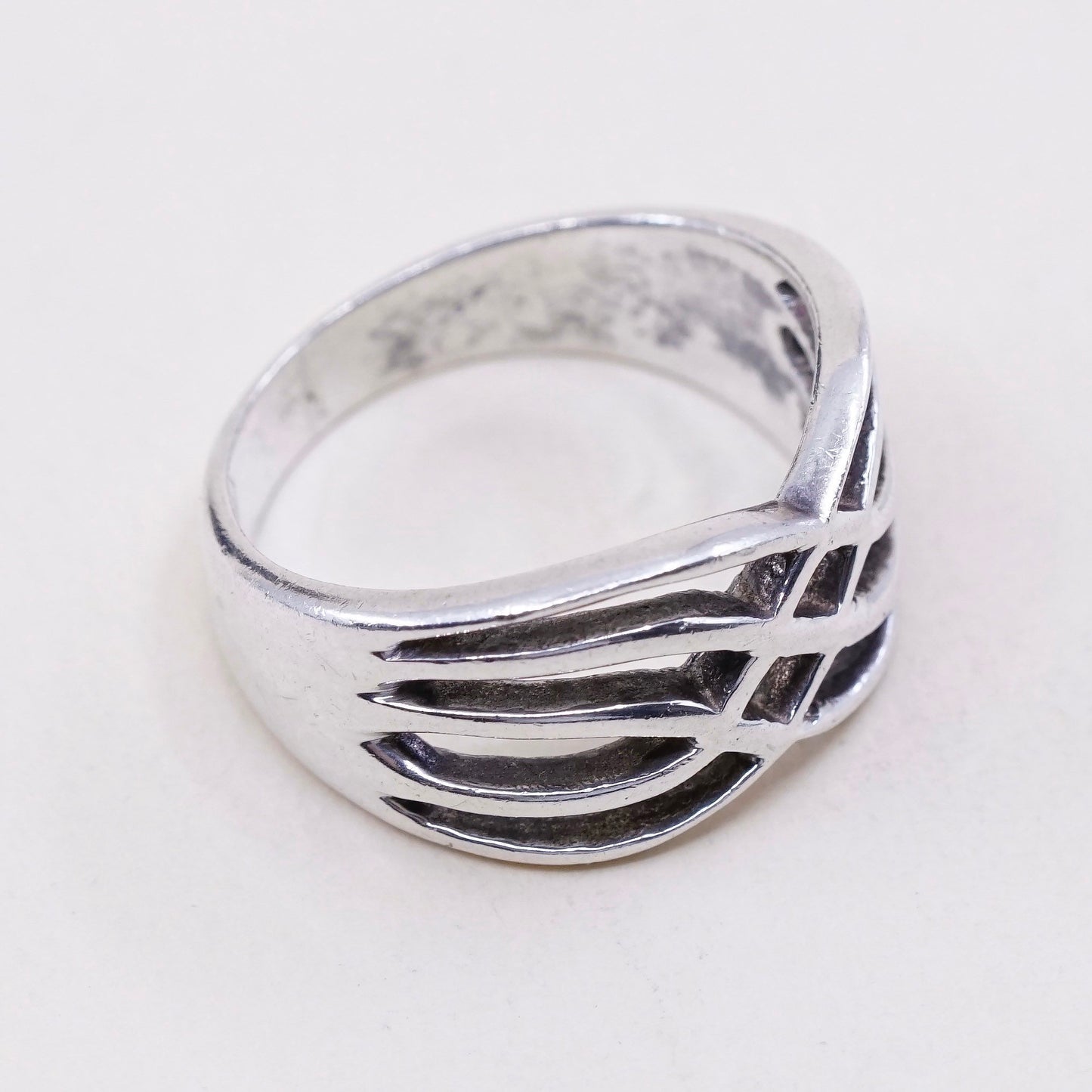 sz 7, vtg sterling silver handmade entwined ring, 925 band minimalist modernist