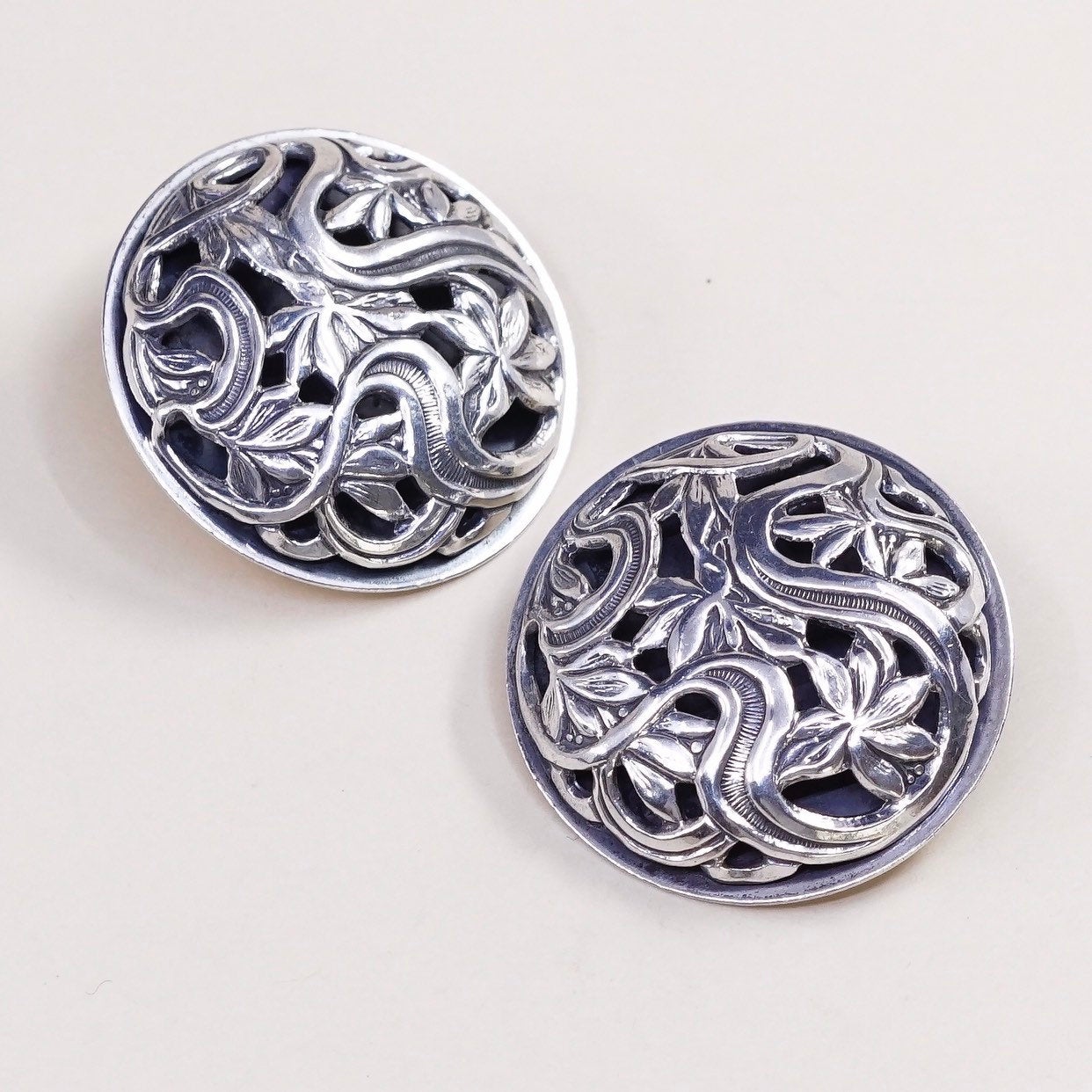 vtg sterling 925 silver handmade earrings, clip on earrings w/ flower cut out