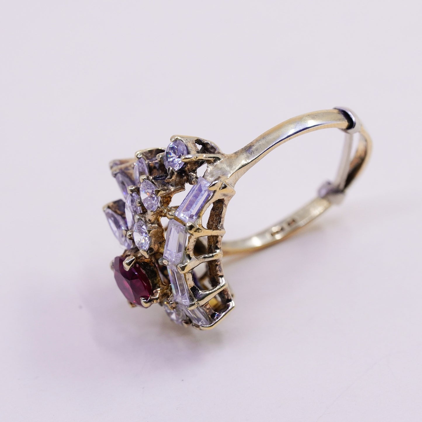 Size 10.5, Vintage sterling silver handmade statement ring, ruby and cluster cz