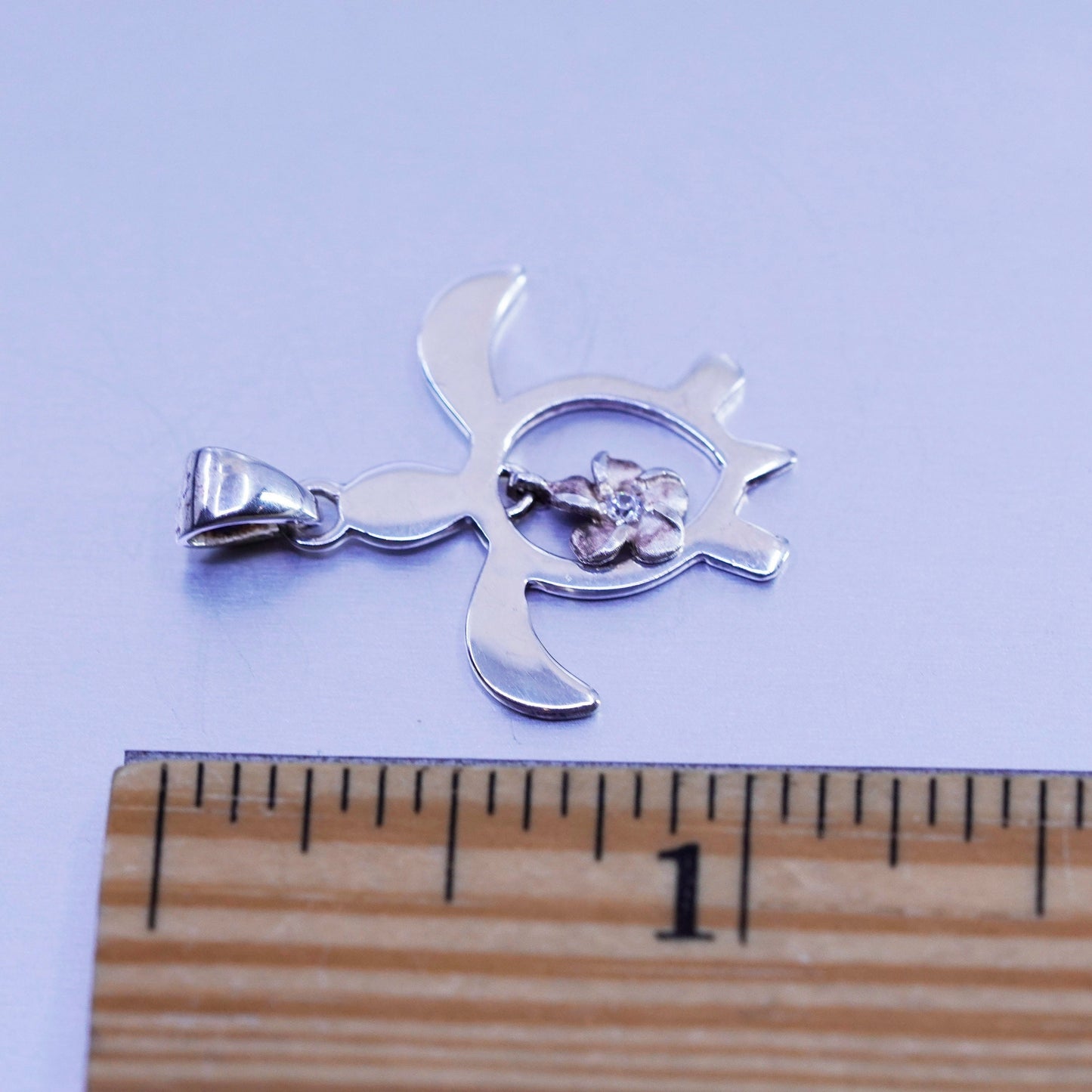 Antique Sterling 925 silver sea turtle charm pendant plumeria flower cz charm