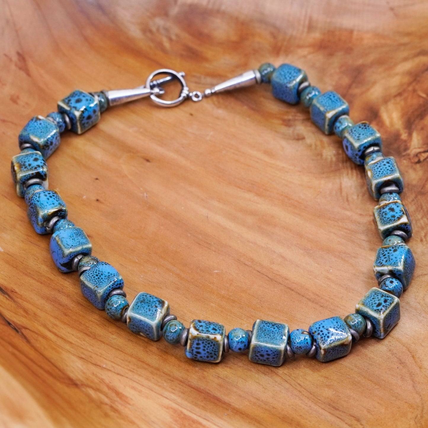 17” sterling 925 silver handmade bead necklace with blue dotted ceramic cube