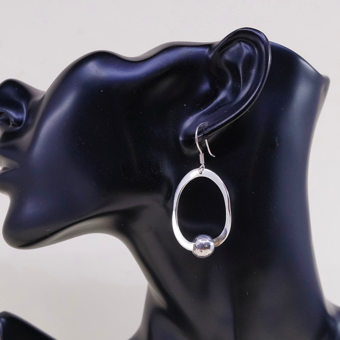 vtg mexico sterling silver handmade earrings, 925 loops w/ bead Dangles