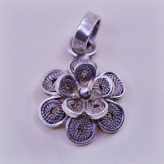 vintage sterling silver handmade pendant, 925 filigree flower