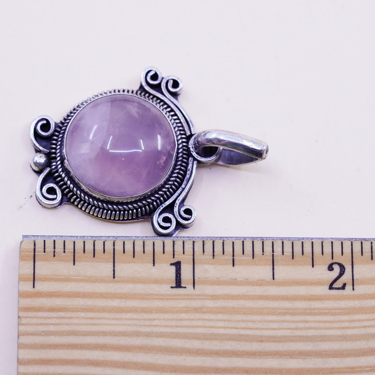 Vintage handmade sterling 925 silver pendant, oval rose pink quartz with cable