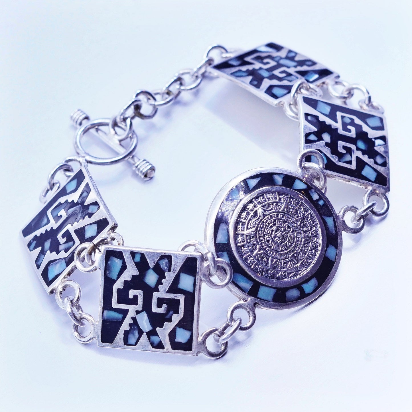 7.5”, Mexico handmade Sterling 925 silver bracelet mayan calendar turquoise