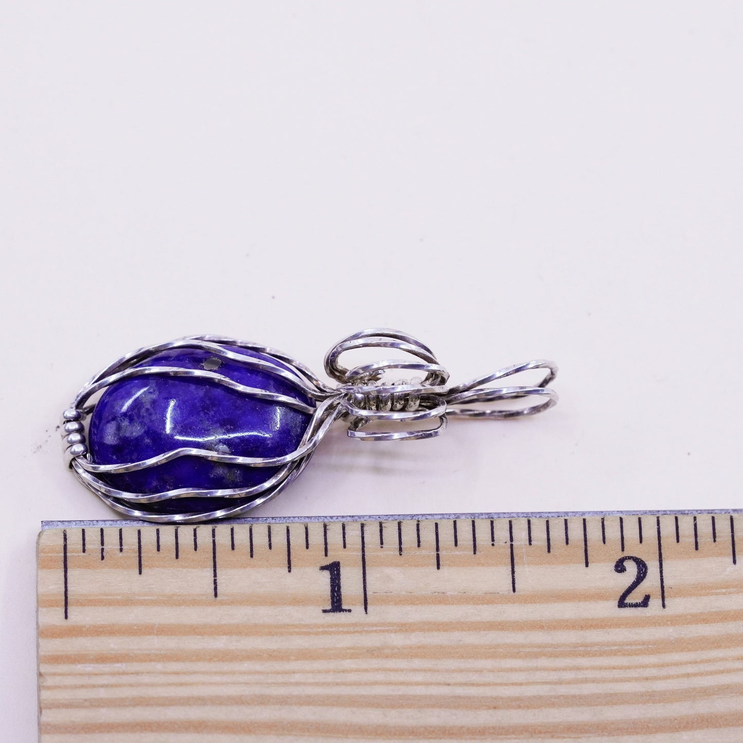 Vintage Sterling 925 silver handmade wired pendant with oval lapis lazuli