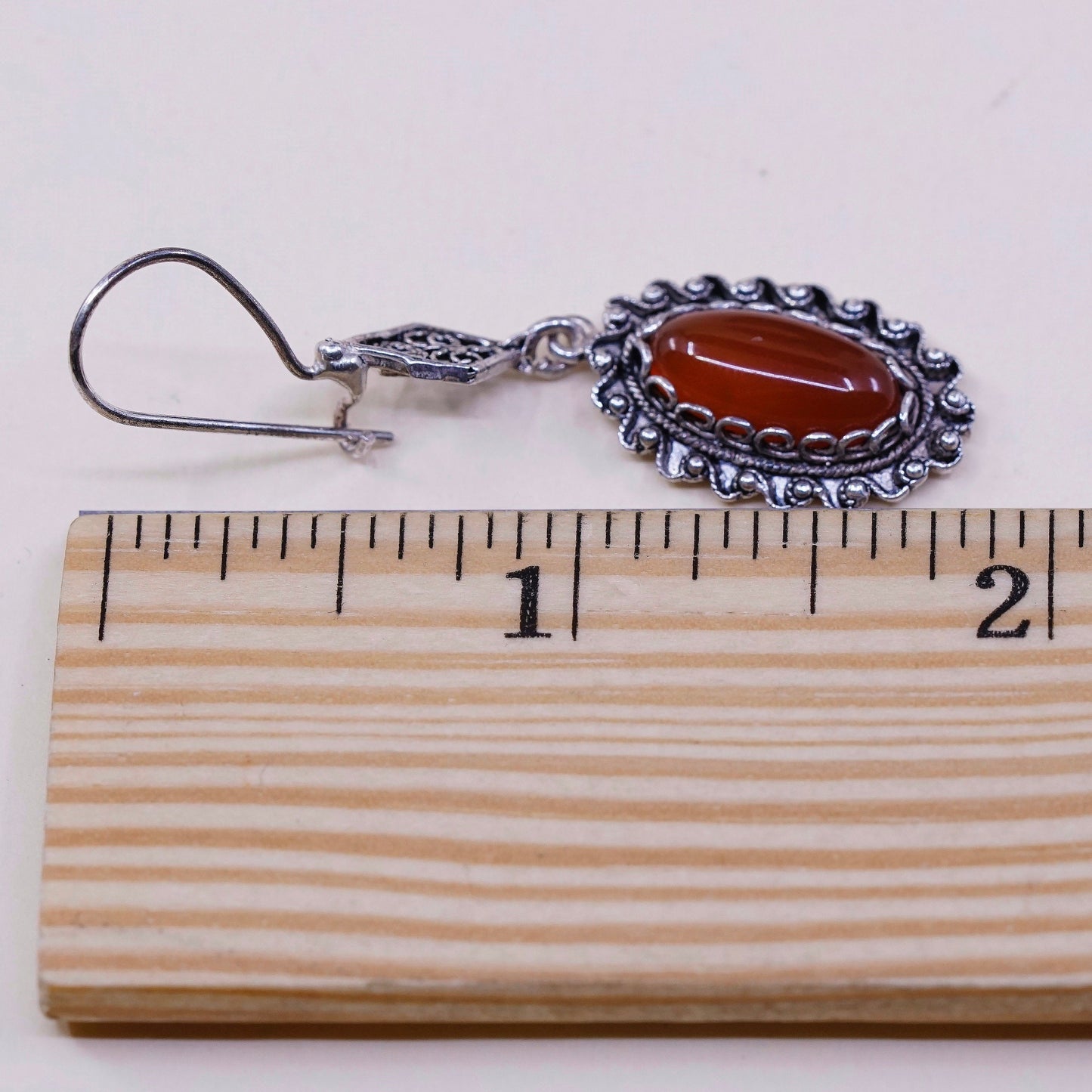 vtg Sterling silver handmade earrings, 925 w/ oval carnelian and bali