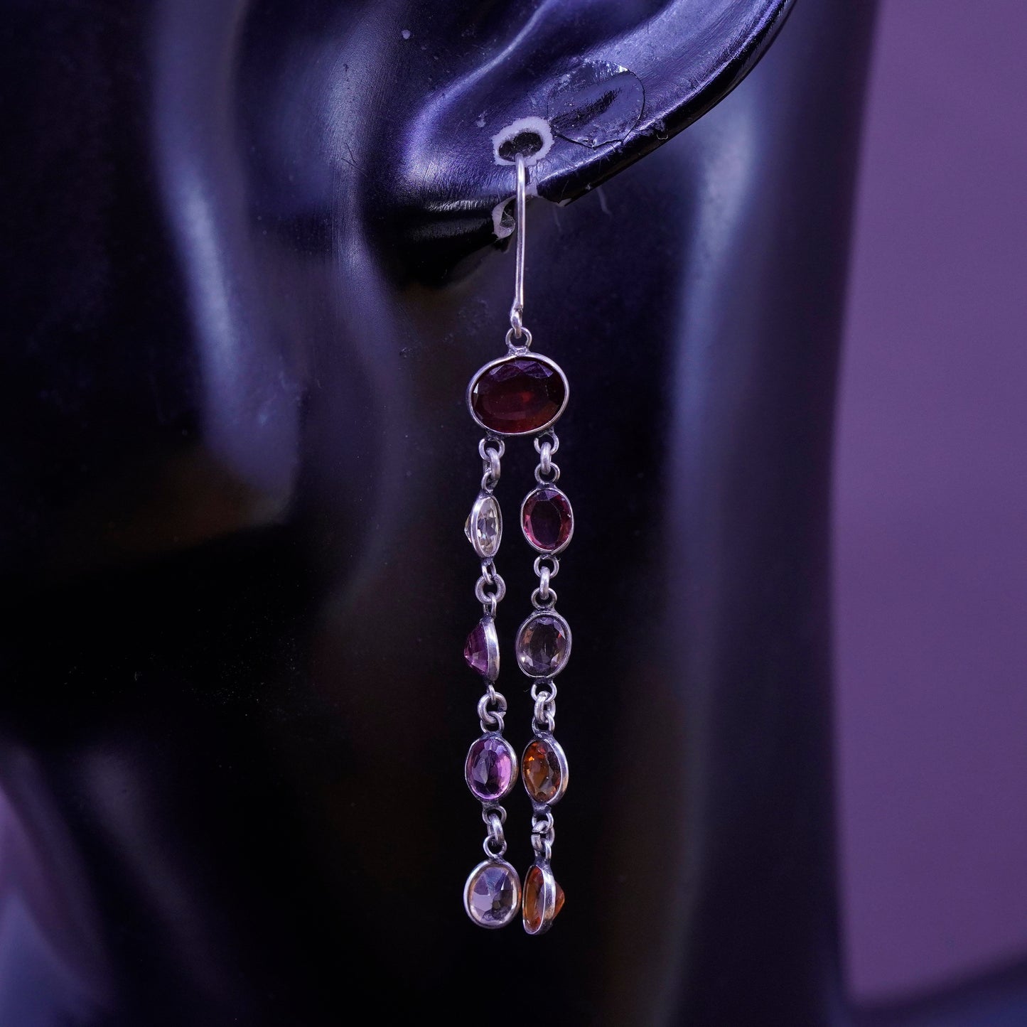 Vintage Sterling 925 silver handmade earrings w/ ruby citrine amethyst peridot