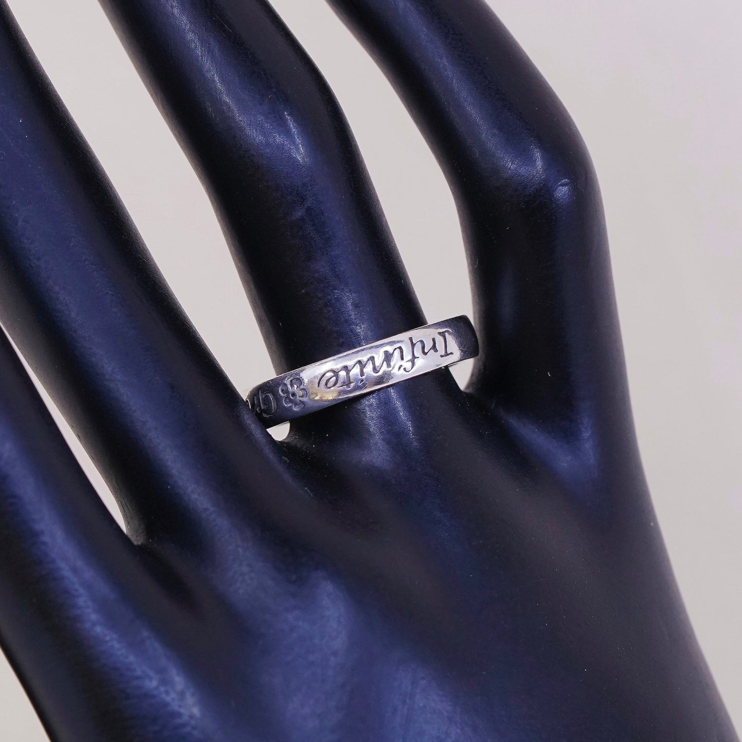 sz 8.25, vtg sterling silver handmade ring, 925 band, engraved “Infinite grace”