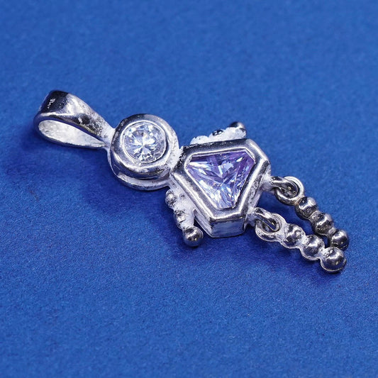 vtg Sterling silver handmade birthstone pendant, 925 girl figure w/ amethyst