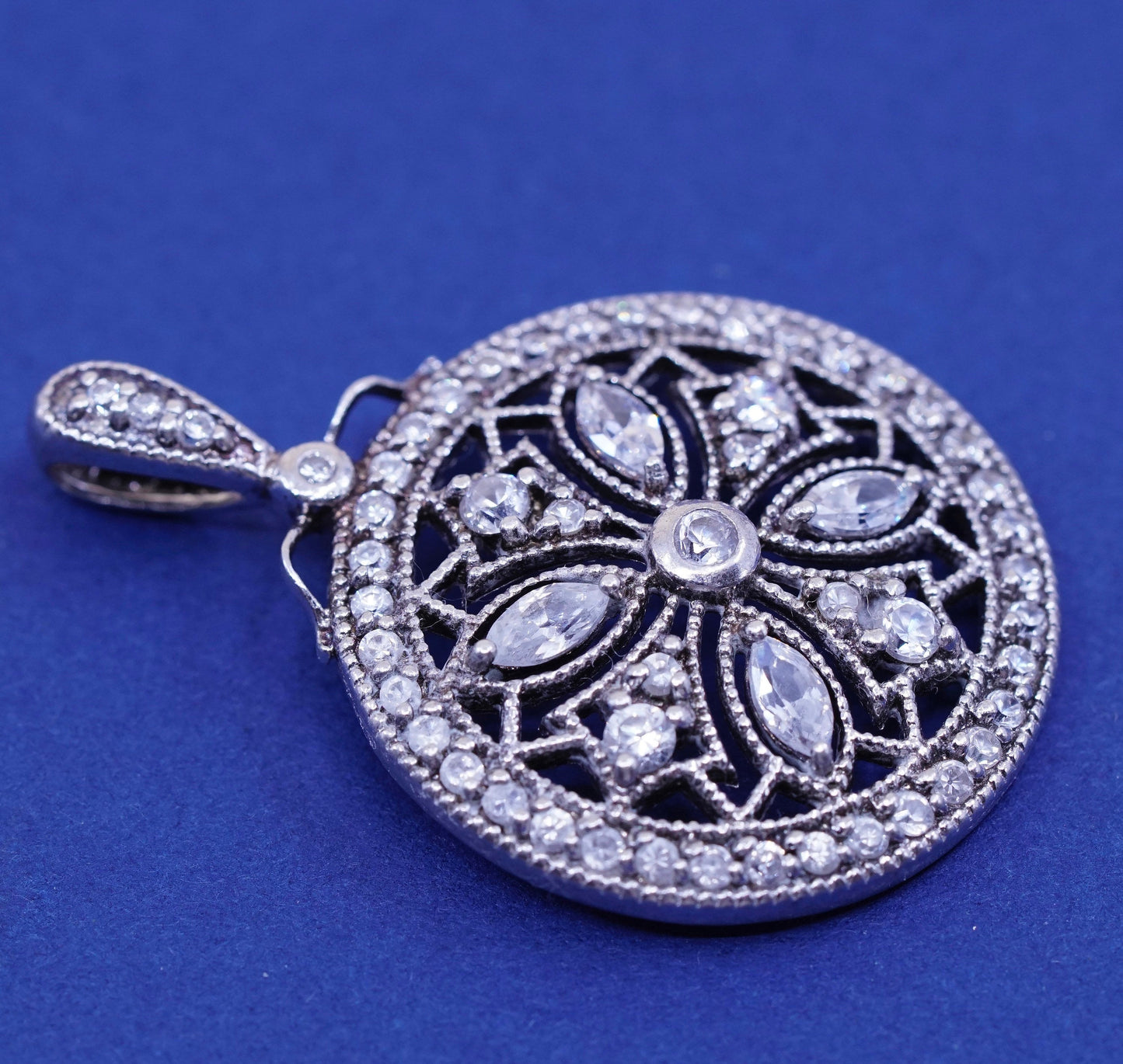 Vintage FAS Sterling silver handmade circle pendant with cluster crystal