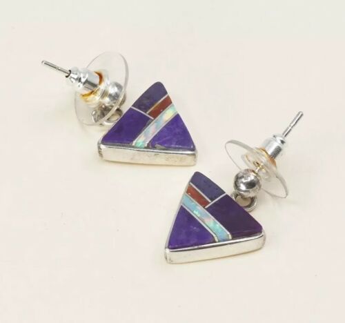 Vtg Zuni Sterling Silver Handmade Earrings, 925 Silver W/ Amethyst N Opal