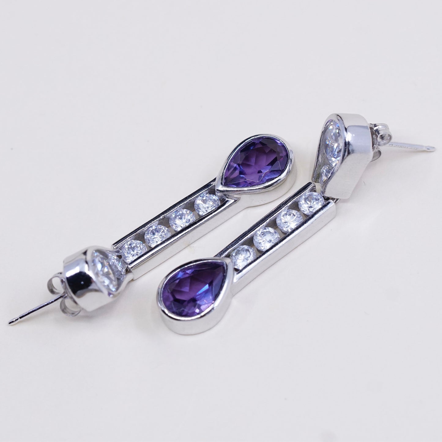 Vintage modern sterling silver handmade earrings, 925 w/ teardrop amethyst N Cz