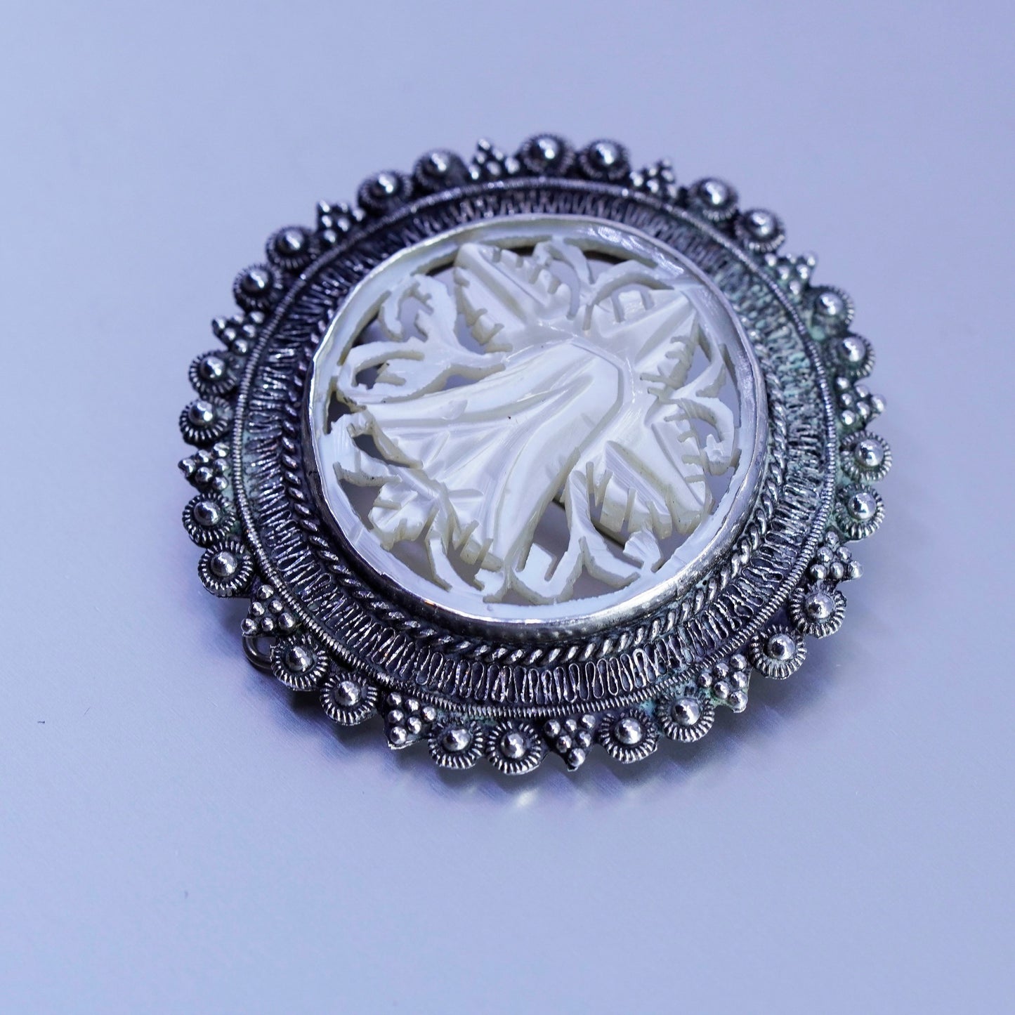 vtg sterling silver brooch, Jerusalem 925 filigree pin mother of pearl flower