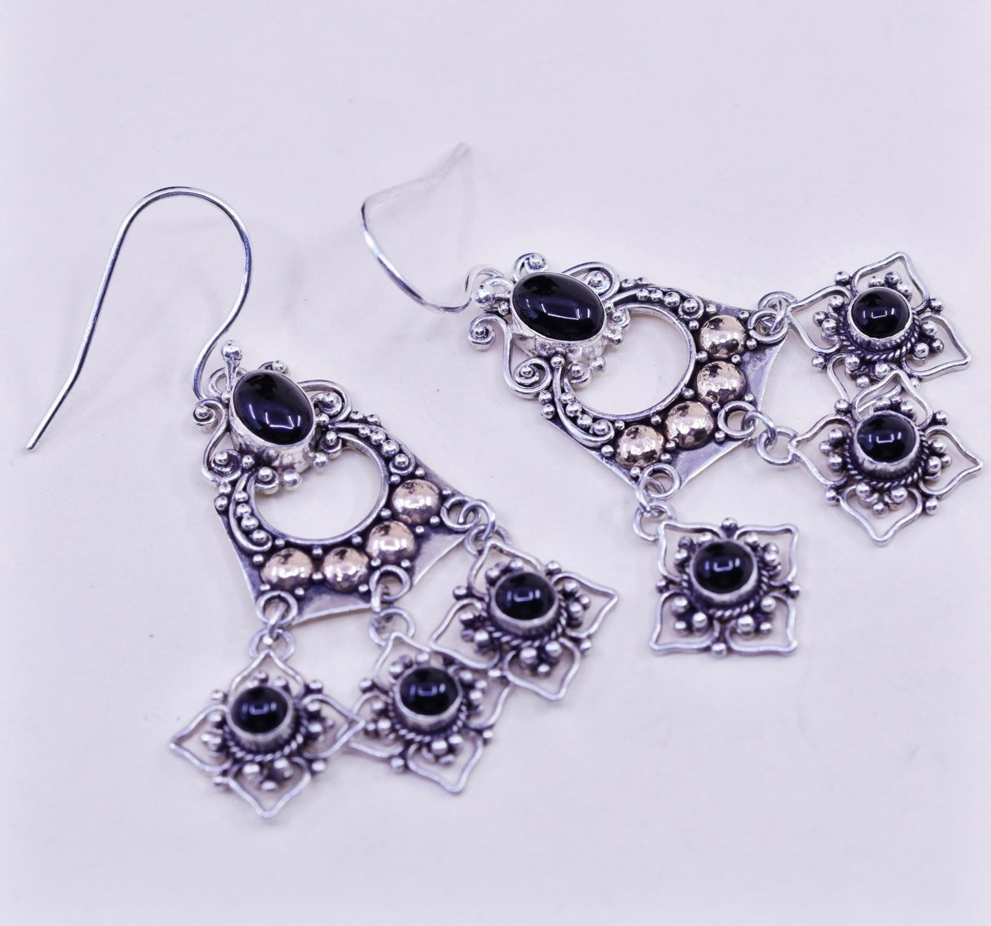 Vintage two tone Sterling 925 silver handmade earrings with obsidian and beads
