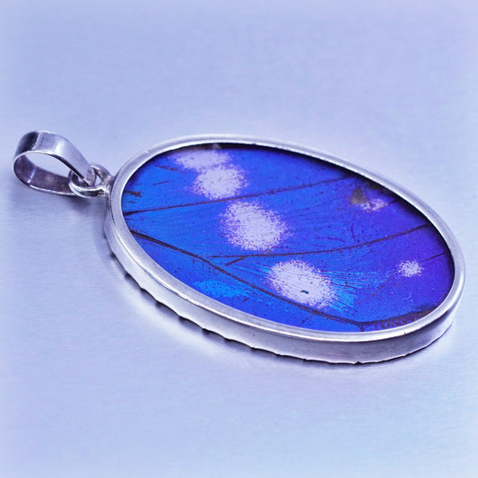 antique sterling 925 silver resin pendant with blue butterfly wing